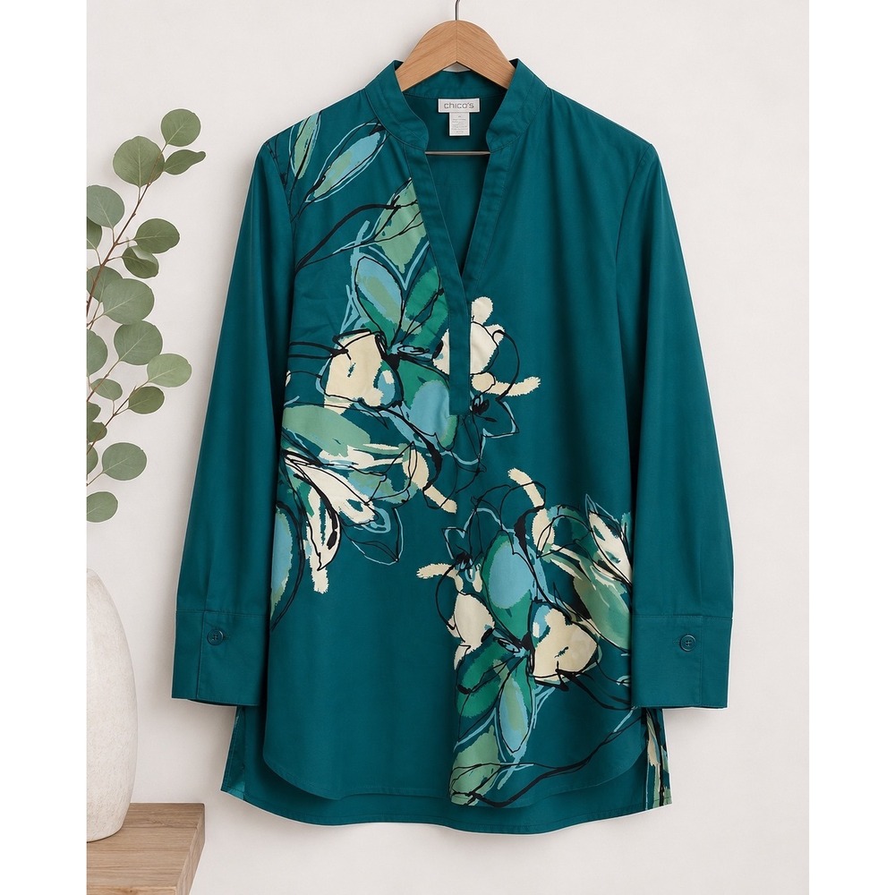 Chicos No Iron Chic Stretch Tunic Top Womens 2 L 12 Teal Green Floral V-Neck
